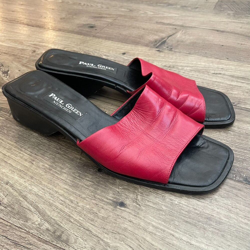 PAUL GREEN Red Leather Slides Vintage 90s Y2K Sandals
